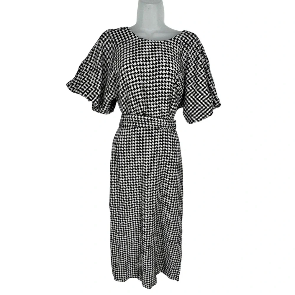 Zara Houndstooth Flutter Sleeve Midi Dress Tie Small Retro Pin Up French Girl